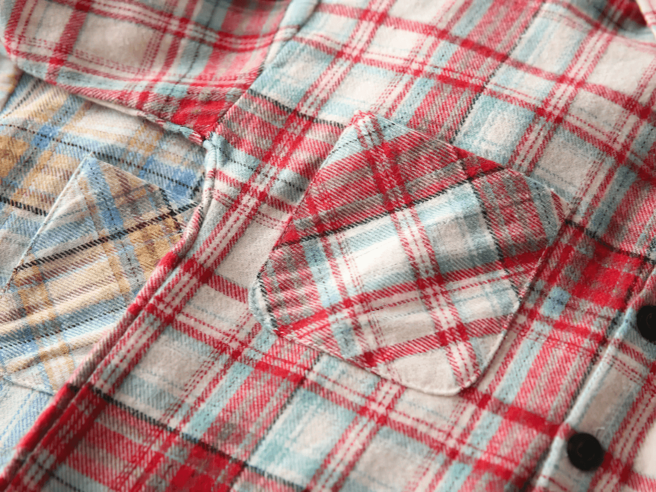 Close-up of Plaid Long-Sleeved Button-Down Shirt for Kids - SF3523 showcasing vibrant red and blue checkered pattern.
